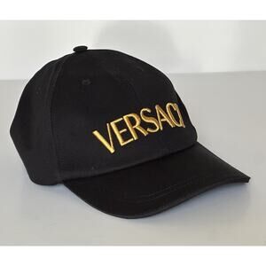 Versace Embroidered Logo Baseball Cap Hat Black/Gold 58 IT ICAP006 NWT $425